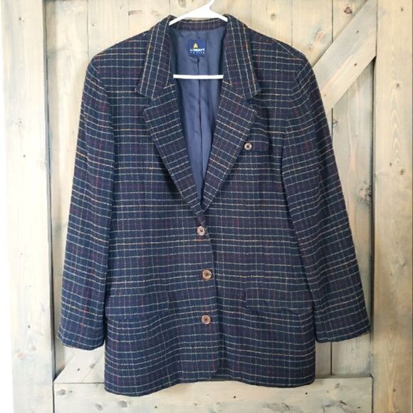 Vintage Liz Claiborne Sport 90s Plaid Wool Blazer Size 10 Petite Dark Academia - Picture 1 of 15